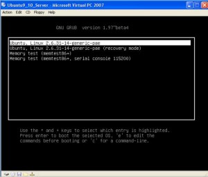 Select Ubuntu, 2.6.31 line and hit e to edit it.