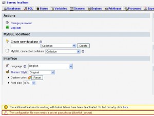 phpMyAdmin configuration files now needs a secret passphase (blowfish_secret)